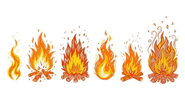 Vibrant watercolor illustration set of campfires, single flames, and burning logs in SVG format with a transparent background.