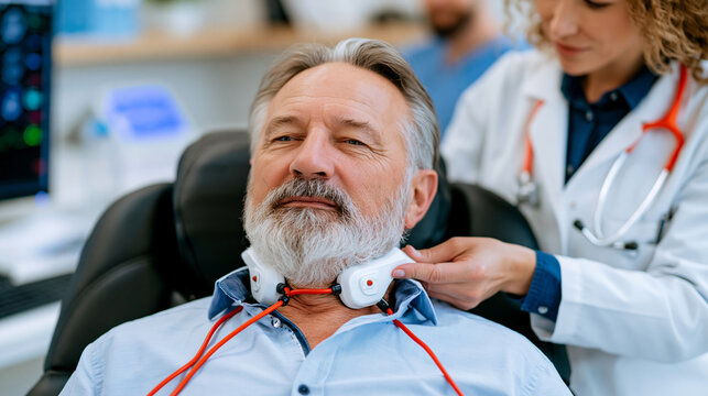 Medical technician adjusting vagus nerve stimulation therapy collar device on a middle-aged male patient seated in a clinical recliner chair, neurological treatment innovation background for healthc