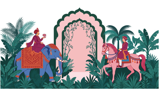 Indian wedding invitation card design with elephant and horse rider vector.