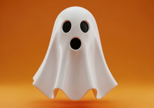 Cute white ghost 3D render on orange background