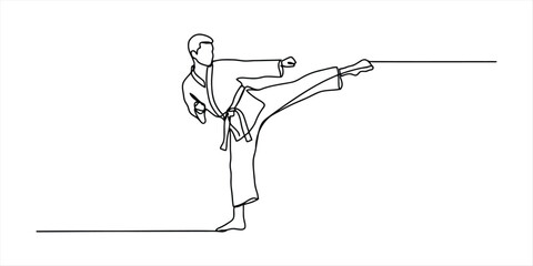 Continuous single line drawing of a karate fighter performing a high kick wearing a traditional martial arts uniform Vector, illustration © Ranjona Vector Art