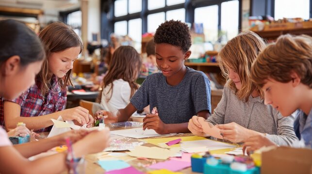 Diverse group of young elementary school students working on creative art projects on white background