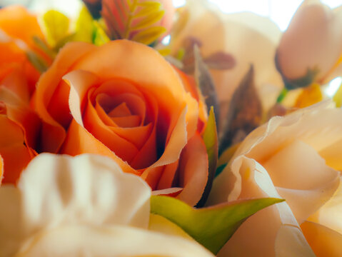 Vibrant coral orange artificial rose flower closeup with soft white petal edges and green leaves, romantic bouquet decoration photography