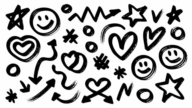 Black and white doodle collection with stars hearts arrows and smiley faces on a white background