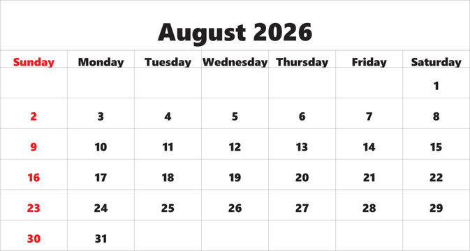 Simple calendar for August 2026 clean layout