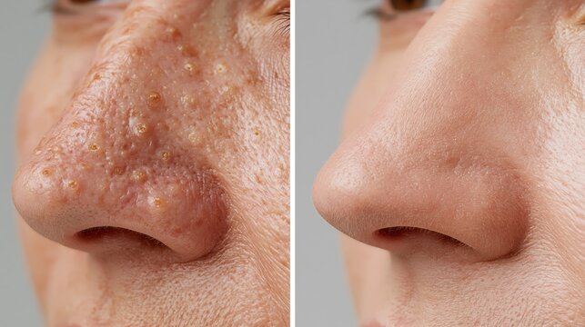 Extreme macro split frame showing yellowish raised sebaceous hyperplasia bumps on nose skin versus completely smooth clear skin. Concept of sebaceous hyperplasia treatment.