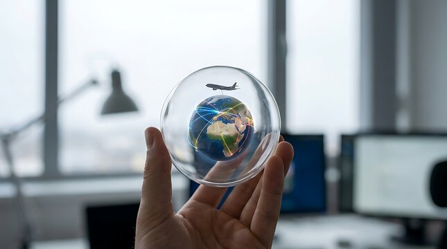Global connectivity travel hand holding earth in glass sphere with airplane