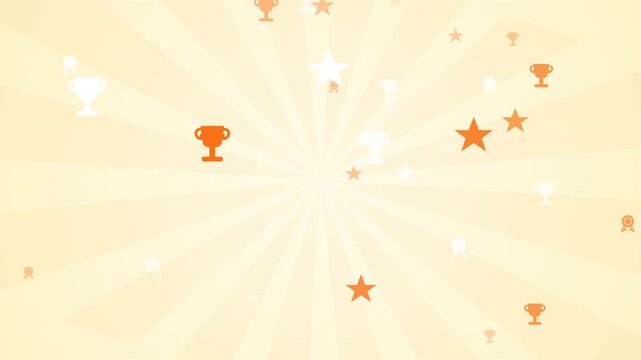 Festive Motion of Orange Stars and Trophies Celebrating Achievement in a Bright Background.
