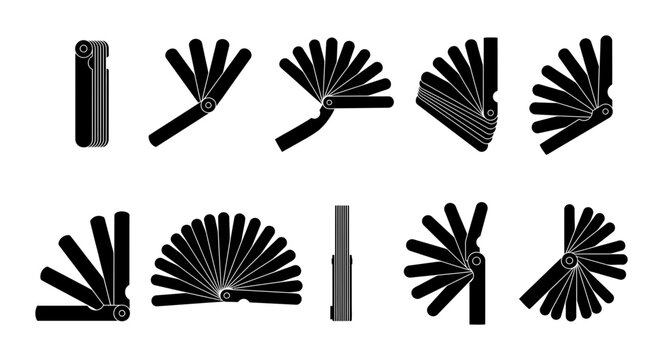 Feeler Gauge Silhouette Icon Set Featuring Precision Measurement Tool Poses in Black and White