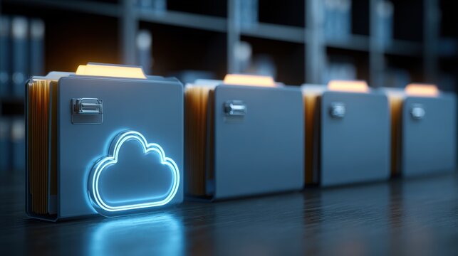 Digital files on a desk with cloud storage symbol at a library