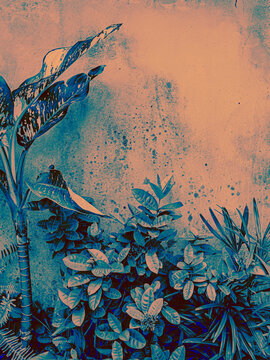 Psychedelic Cyan Blue Duotone Tropical Plants Weathered Concrete Wall Abstract Background Urban Garden Botanical Grunge Texture Surreal