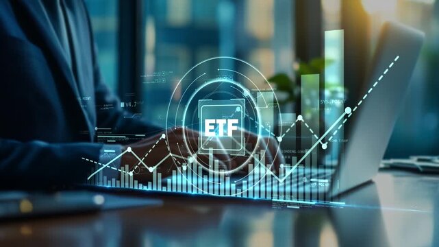 Businessman using laptop with ETF investment interface, illustrating passive investing, index fund strategy, portfolio diversification and sustainable long-term financial growth