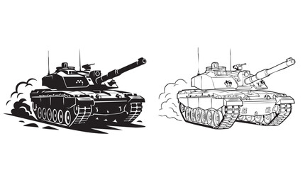 tank black silhouette with line art vector illustration moving forward © Shamsul