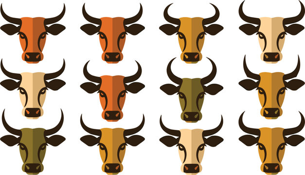 Cow head vector icon collection featuring flat minimalist bull silhouettes with large sharp horns in multi colored earth tones for farm butchery and livestock logos.
