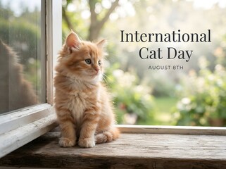 Cute orange cat sitting on a windowsill for international cat day on august eighth