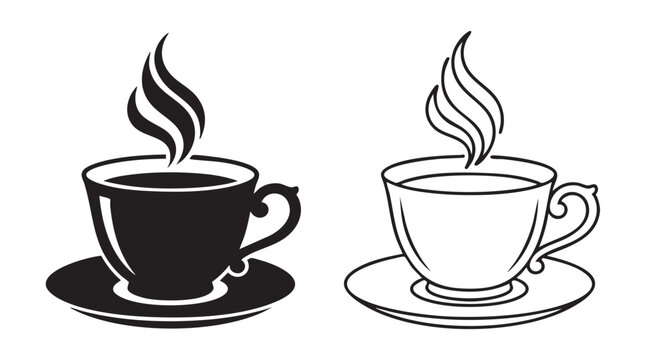 tea cup black silhouette with line art vector illustration featuring white, hot, drink