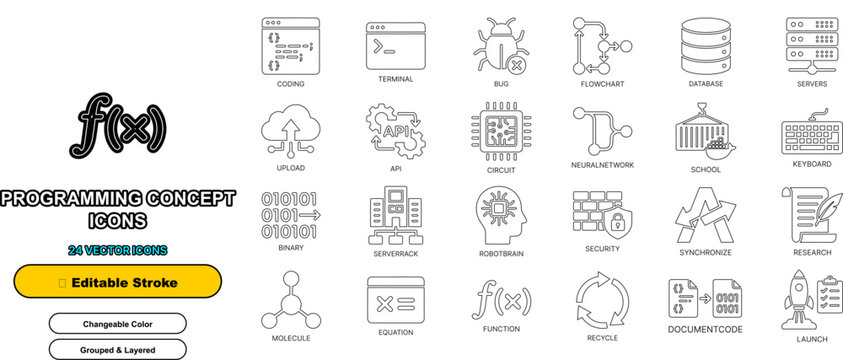 Premium developer programming and code vector icon set providing coding computer and software illustration graphic elements for creative project design.
