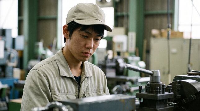 製造業の現場で真剣に機械工作に取り組む男性作業員