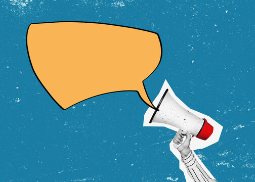 hand holding a megaphone with a speech bubble, isolated free flat desigm background.