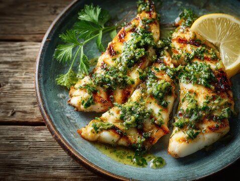 Grilled fish with herbs and lemon on plate