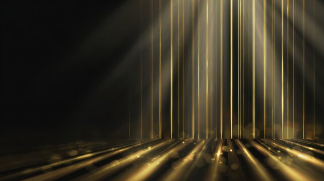 Golden light beams on black background