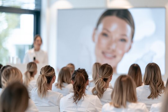 Women Attending Professional Skincare and Aesthetic Training Seminar, Excellent for Beauty Education, Cosmetology Courses and Professional Development