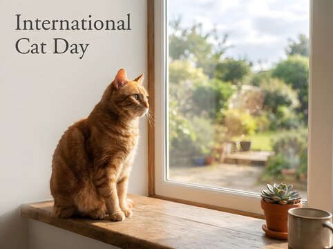 Ginger cat sitting on a sunny windowsill looking out at a green garden on international day