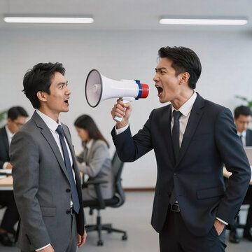 Cartoon MegaphonePerson. A Businessman Shouting At Another Over A Megaphone In A Tense Office Scene