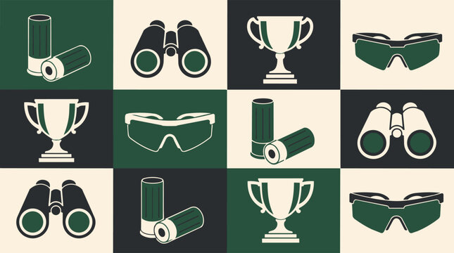 Hunting and Shooting Sports Icons Pattern with Trophies and Binoculars
