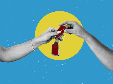 lease, rental car, sell, buy. Dealership manager send car keys to the new owner. Sales, loan credit financial, rent vehicle, insurance, renting, Seller, dealer, installment, car care business