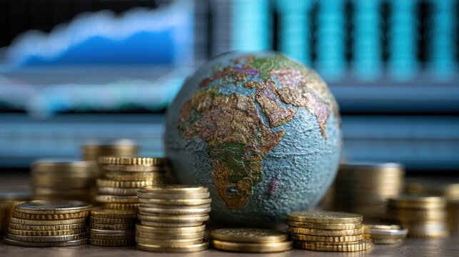 Global finance concept globe with stacks of coins