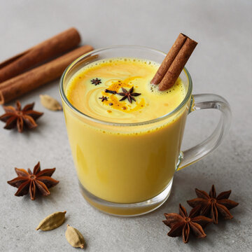 Manga Pepper Antioxidant. Turmeric Milk With Cinnamon, Cloves, And Pepper Depicted As Golden Drink On A Concrete Table Against Spice Backdrop In Mug-Toned Copy Space