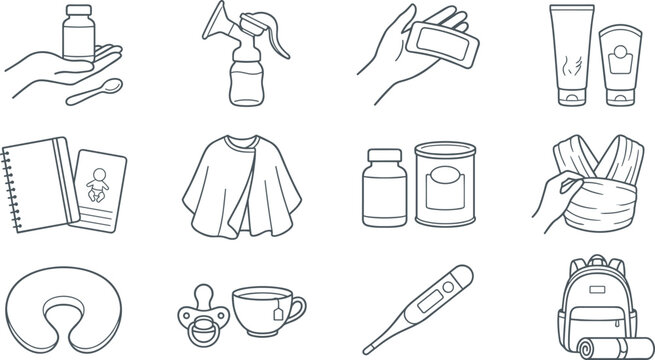 Newborn Care and Breastfeeding Essentials Line Art Icon Set Featuring Breast Pump Nursing Supplies Medicine Thermometer Baby Carrier and Parenting Accessories