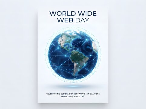 World wide web day poster design with a glowing digital earth and global network lines