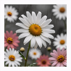 Obraz premium Comic Book Collage Earth. Laughing Daisy Enjoying A Rainstorm In An Isolated Paint Collage With Falling Raindrops On Magazine Background