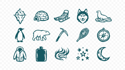 arctic winter nature and cold animals doodle handmade ink scribble flat line art vector illustration icon bundle set calligraphy drawing design polar landscape elements © HASNA