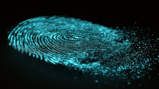 Glowing blue fingerprint disintegrating into particles