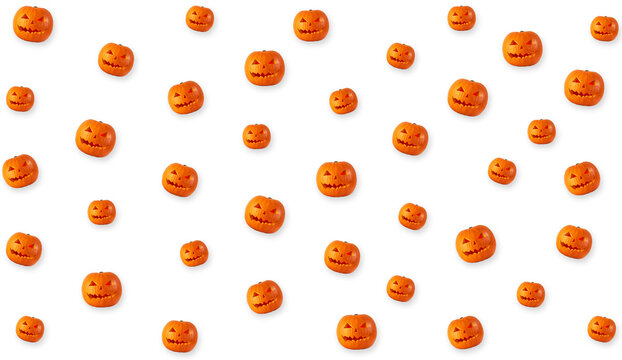 Staggered seamless pattern of traditional carved Halloween Jack-o'-lantern pumpkins with glowing eyes isolated on transparent background, panoramic horizontal 16:9 PNG format