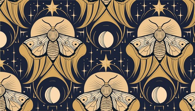 vintage art deco seamless pattern pattern with moth moon and stars for textiles home decor packaging