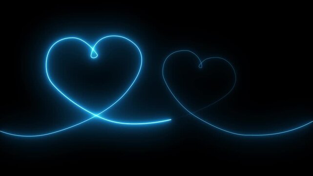 Neon glowing Two love hearts concepts. Valentine's Day indicate. Love One line drawing concept. love card neon glowing icon. Bright glowing neon valentines love heart symbol animation.