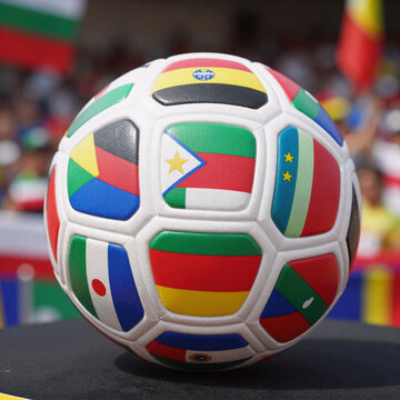 Flat Design Soccer Year. 2026 World Cup Soccer Ball Adorned With Flags Celebrating Various Countries