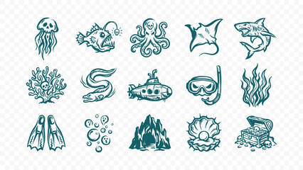 Fototapeta premium deep sea ocean creatures and marine life doodle handmade ink scribble flat line art vector illustration icon bundle set calligraphy drawing design aquatic biology art
