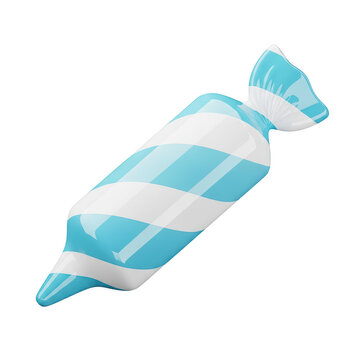 A wrapped candy in a blue and white striped paper wrapper isolated on transparent background