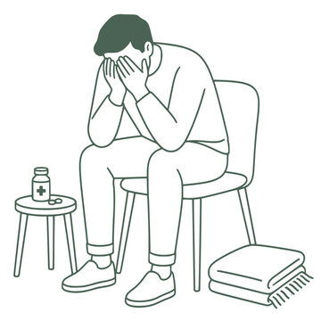Exhausted caregiver sitting alone, caregiver burnout vector illustration, line art