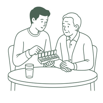 Caregiver helping elderly parent with medication, daily care vector illustration