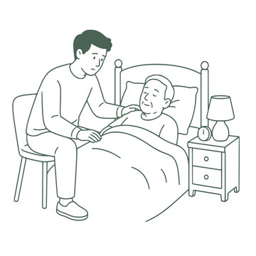 Caregiver checking on elderly parent at night, bedside care vector illustration