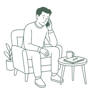 Man on phone seeking caregiver support, mental health helpline vector illustration