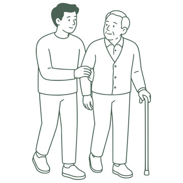 Son walking with elderly father using cane, senior care vector illustration