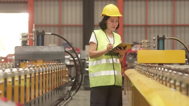 Supervisors inspecting production workflow and monitoring factory operations with digital technology. Manufacturing management, industrial innovation and operational efficiency.