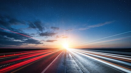 Obraz premium A highway at dusk with light trails from moving vehicles under a starry sky